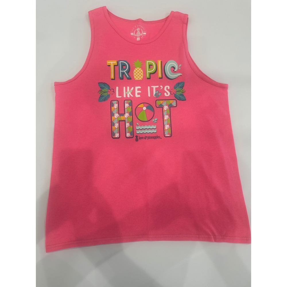 Love & Pineapples Tropic Like Its Hot Pink Graphic Tank Top Large Summer Beach